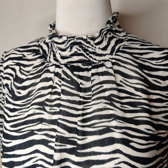 J Crew Zebra Stripe Chiffon Blouse Mock Neck Black White Long Sleeve - Picture 6 of 9